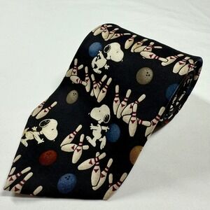 Peanuts Snoopy Bowling Silk Tie Black Novelty Necktie Made USA Y2K Comics Strike